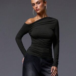Black Ruched Asymmetric One Shoulder Long Sleeve Shirt Slim Fit Stretchy